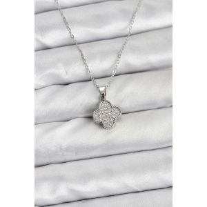Erb 316L Çelik Zincir Gümüş Renk Zirkon Taşlı Yonca Model Kadın Kolye