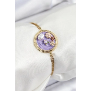 Erb 316L Çelik Zincir Mor Mineli Sanatsal Portre İnci Detaylı Çiçek Model Gold Renk Kadın Bileklik