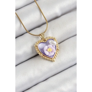 Erb 316L Çelik Zincir Mor Sanatsal Portre İnci Detaylı Papatya Figürlü Kalp Model Gold Renk Kadın Kolye