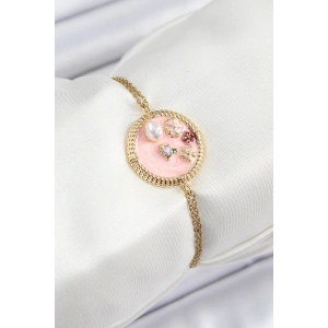 Erb 316L Çelik Zincir Pembe Mineli Sanatsal Portre İnci Detaylı Çiçek Model Gold Renk Kadın Bileklik