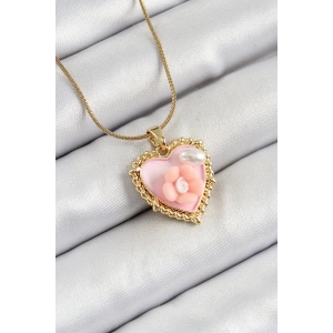 Erb 316L Çelik Zincir Pembe Sanatsal Portre İnci Detaylı Papatya Figürlü Kalp Model Gold Renk Kadın Kolye