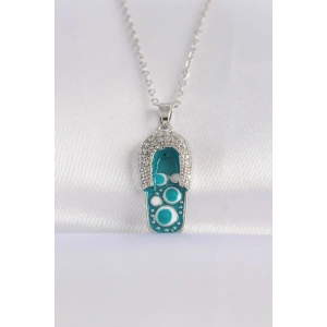 Erb 316L Çelik Zincir Zirkon Taşlı Gümüş Renk Nazarlı Terlik Tasarımlı Kolye