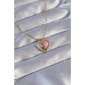 Erb 316L Çelik Zincirli Gold Renk Zirkon Taşlı Kalp İçinde Pembe Gül Tasarımlı Kolye