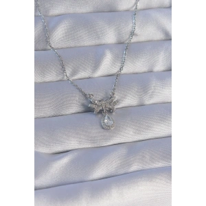 Erb 316L Çelik Zincirli Gümüş Renk Zirkon Taşlı Damla Detay Fiyonk Model Kolye