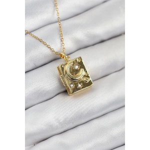 Erb 316L Çelik Zirkon Taşlı Açılabilr Kapaklı Kitap Model Gold Renk Kadın Kolye