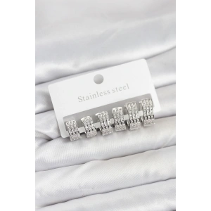 Erb 316L Çelik Zirkon Taşlı Gümüş Renk Halka Küpe Seti