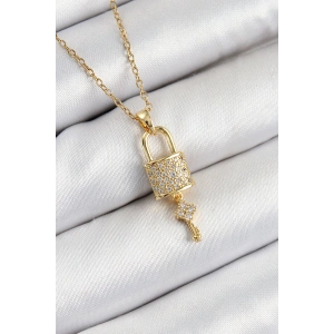 Erb 316L Çelik Zirkon Taşlı Kilit Ve Sallantılı Anahtar Model Gold Renk Kadın Kolye