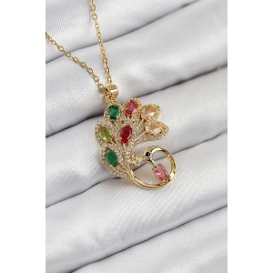 Erb 316L Çelik Zirkon Taşlı Tavus Kuşu Model Gold Renk Kadın Kolye
