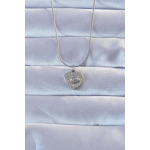 Erb 316L Gümüş Renk Zirkon Taşlı İşlemeli Göz Detay Kalp Kolye