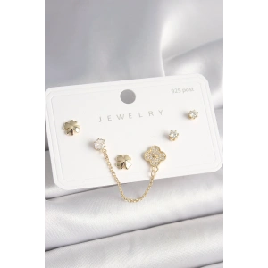 Erb 925 Ayar Gümüş Çivi Pirinç Gold Renk Zirkon Taşlı Yonca Model Sallantı Zincir Detay Kadın Küpe Seti