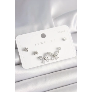 Erb 925 Ayar Gümüş Çivi Pirinç Gümüş Renk Zirkon Taşlı Kelebek Model Kadın Küpe Seti