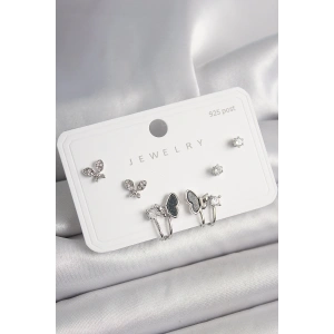 Erb 925 Ayar Gümüş Çivi Pirinç Gümüş Renk Zirkon Taşlı Kelebek Model Kadın Küpe Seti