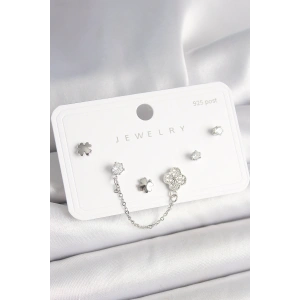 Erb 925 Ayar Gümüş Çivi Pirinç Gümüş Renk Zirkon Taşlı Yonca Model Sallantı Zincir Detay Kadın Küpe Seti