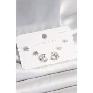 Erb 925 Ayar Gümüş Çivi Zirkon Taşlı Hilal Yıldız Model Kadın Küpe Seti
