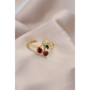 Erb Ayarlamalı Gold Renk Metal Renkli Zirkon Taşlı Kiraz Yüzük