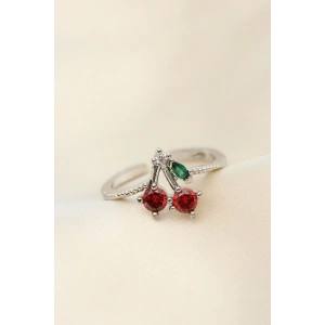 Erb Ayarlamalı Gümüş Renk Kristal Taşlı Kiraz Yüzük