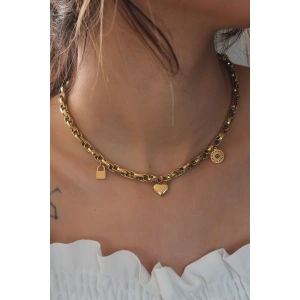 Erb Çelik Gold Renk Kalın Zincir Model Kalp Figür Kadın Kolye