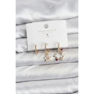 Erb Çiçek Model Gold Renk Pirinç 3'lü Kadın Küpe Seti