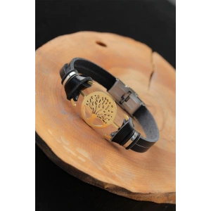 Erb Gold Renk Metal Ağaçlı Tasarım Siyah Renk Deri Erkek Bileklik