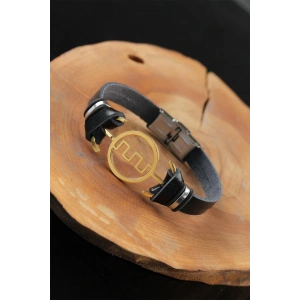 Erb Gold Renk Metal Labirent Tasarım Siyah Renk Deri Erkek Bileklik