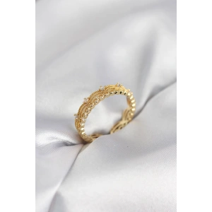 Erb Gold Renk Motif Desenli Zirkon Taşlı Kadın Yüzük