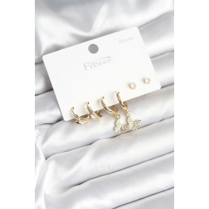 Erb Gold Renk Pirinç Kelebek Model 925 Ayar Gümüş Çivili Kadın Küpe Seti