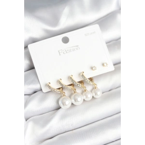 Erb Gold Renk Zirkon Taşlı Pirinç İncili 925 Ayar Gümüş Çivili Küpe Seti