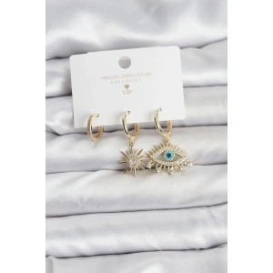 Erb Göz Model Gold Renk Pirinç 3'lü Kadın Küpe Seti
