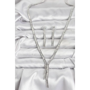 Erb Gümüş Renk Baget Zirkon Taşlı Kadın Kolye Küpe Set