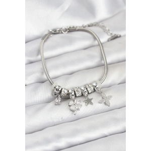 Erb Gümüş Renk Pirinç Yonca Charmlı Kadın Bileklik