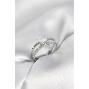 Erb Gümüş Renk Sedefli Kedi Model Fiyonklu Zirkon Taşlı Kadın Yüzük