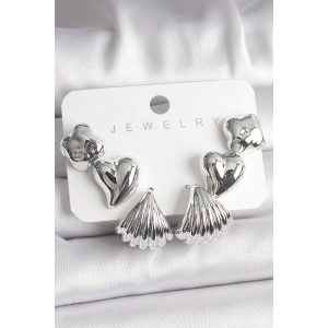 Erb Gümüş Renk Yonca Kalp Deniz Kabuğu Figür CCB Kadın Küpe Seti