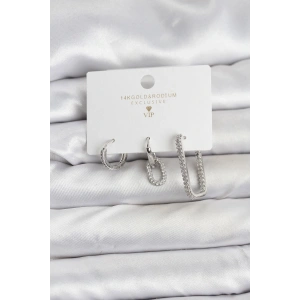 Erb Gümüş Renk Zirkon Taşlı 3'lü Kadın Küpe Seti