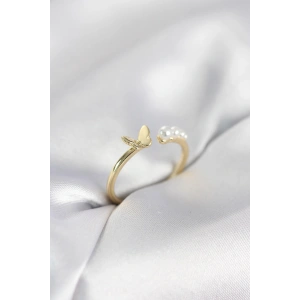 Erb İncili Kelebek Model Gold Renk Pirinç Kadın Yüzük