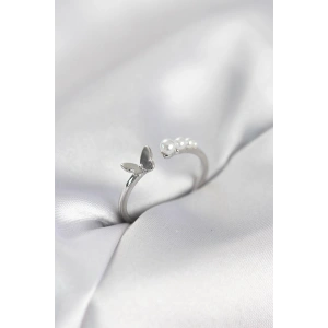 Erb İncili Kelebek Model Gümüş Renk Pirinç Kadın Yüzük