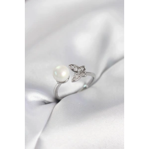 Erb Kelebek İncili Model Gümüş Renk Zirkon Taşlı Kadın Yüzük