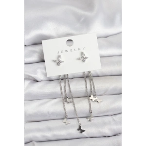 Erb Kelebek Model Gümüş Renk Pirinç Sallantılı Kadın Küpe