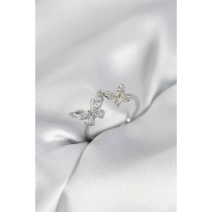 Erb Kelebek Model Zirkon Taşlı Gümüş Renk Kadın Yüzük