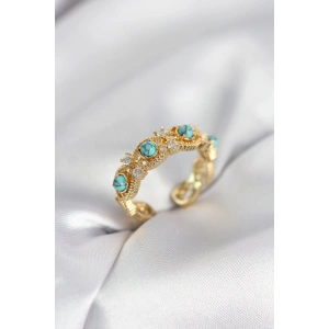 Erb Mavi Taşlı Gold Renk Vintage Kadın Yüzük