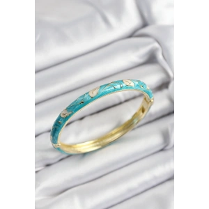 Erb Mineli Pirinç Krem Ve Turkuaz Yaprak Motifli Gold Renk Kadın Kelepçe