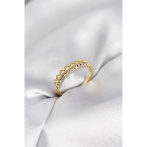 Erb Motif Desenli Gold Renk Zirkon Taşlı Kadın Yüzük
