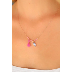 Erb Nazar Boncuklu Pembe Renk Taşlı Rose Bayan Kolye