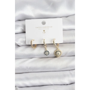 Erb Nazar Model Gold Renk Pirinç 3'lü Kadın Küpe Seti