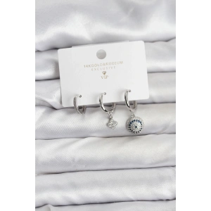 Erb Nazar Model Gümüş Renk Pirinç 3'lü Kadın Küpe Seti