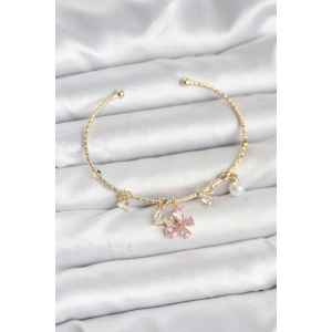 Erb Pembe Kelebek Charmlı Gold Renk Kadın Bileklik