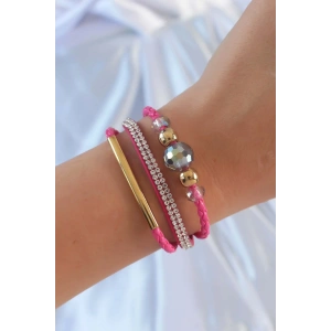 Erb Pembe Renk Zirkon Taşlı Deri Çoklu Bileklik