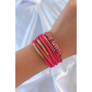 Erb Pembe Renk Zirkon Taşlı Metal Aksesuarlı İpli Çoklu Bileklik