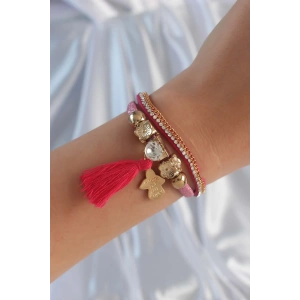 Erb Pembe Renk Zirkon Taşlı Püskül Detay Deri Çoklu Bileklik