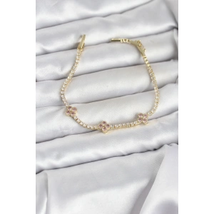 Erb Pembe Yonca Detaylı Zirkon Taşlı Gold Renk Pirinç Su Yolu Kadın Bileklik