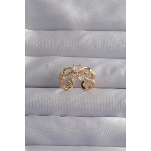 Erb Pirinç Ayarlamalı Gold Renk Zirkon Taşlı 2li Görünüm Fiyonk Yüzük